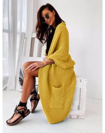 Дълга свободна плетена дамска жилетка в цвят горчица - код 9001